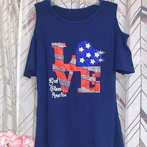 Navy Cold-Shoulder USA Patriotic Women’s T-Shirt